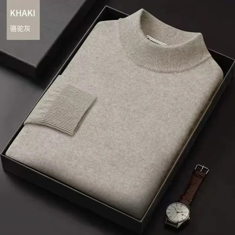 New 2026 Men'S Mock Collar 100% Pure Woolen Sweater Tops Autumn Winter Cashmere Sweater Men Pullover Knitted Warm Sweater Male