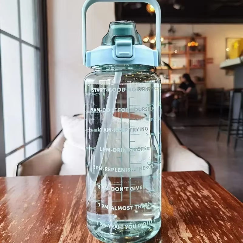 2L Water Bottle Portable Straw Plastic Water Cup for Outdoor Sports Fitness Adult High Value Big Fat Cup with Time Marker