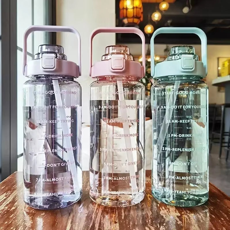 2L Water Bottle Portable Straw Plastic Water Cup for Outdoor Sports Fitness Adult High Value Big Fat Cup with Time Marker