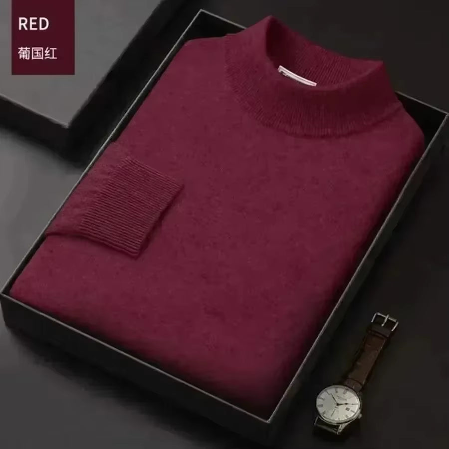 New 2026 Men'S Mock Collar 100% Pure Woolen Sweater Tops Autumn Winter Cashmere Sweater Men Pullover Knitted Warm Sweater Male