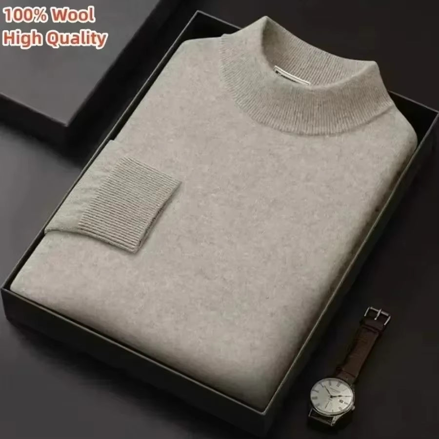 New 2026 Men'S Mock Collar 100% Pure Woolen Sweater Tops Autumn Winter Cashmere Sweater Men Pullover Knitted Warm Sweater Male