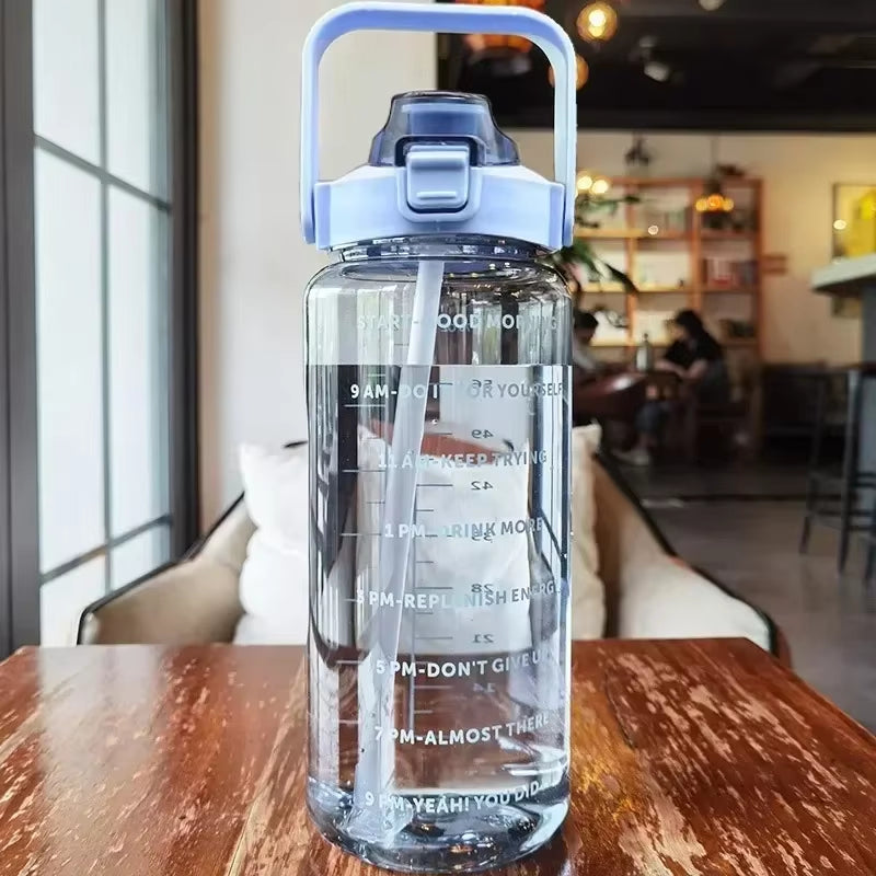 2L Water Bottle Portable Straw Plastic Water Cup for Outdoor Sports Fitness Adult High Value Big Fat Cup with Time Marker