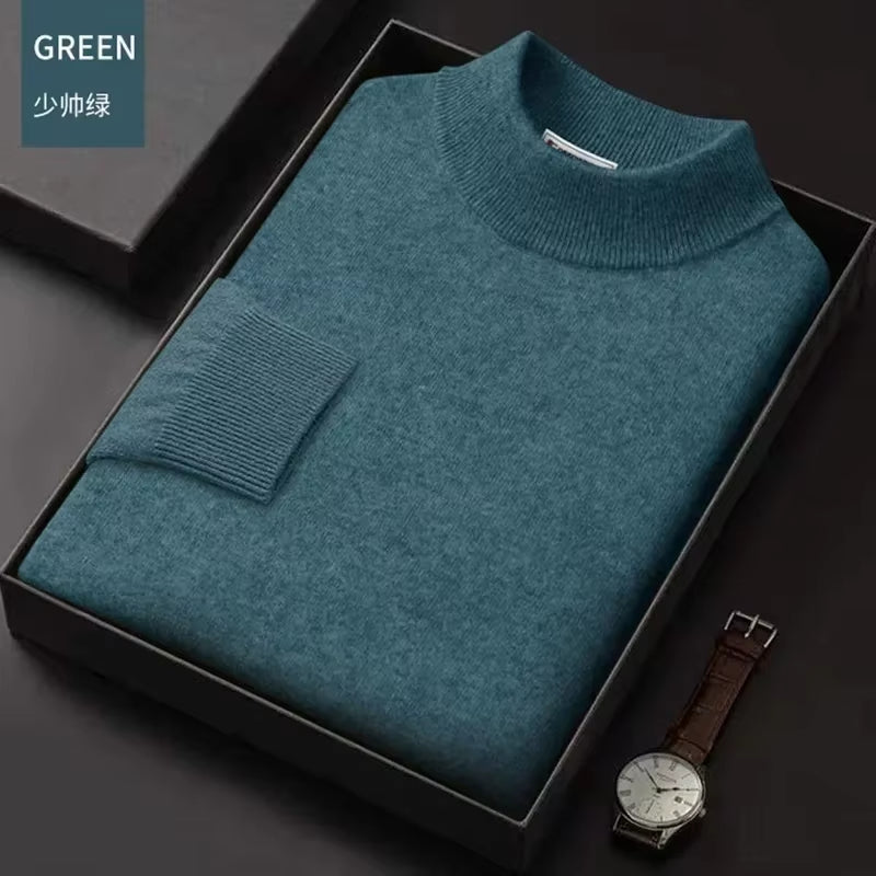 New 2026 Men'S Mock Collar 100% Pure Woolen Sweater Tops Autumn Winter Cashmere Sweater Men Pullover Knitted Warm Sweater Male